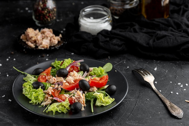 High Angle Salad with Various Ingredients on Dark Plate – Free Download