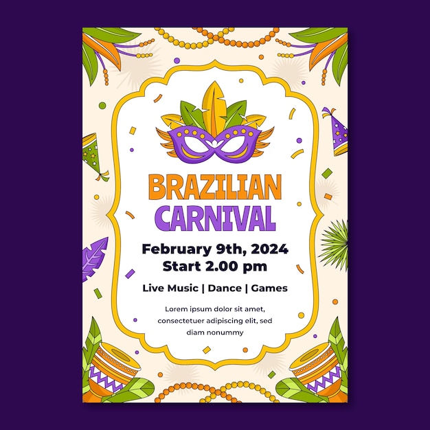 Hand Drawn Vertical Poster Template for Brazilian Carnival Celebration – Free Download