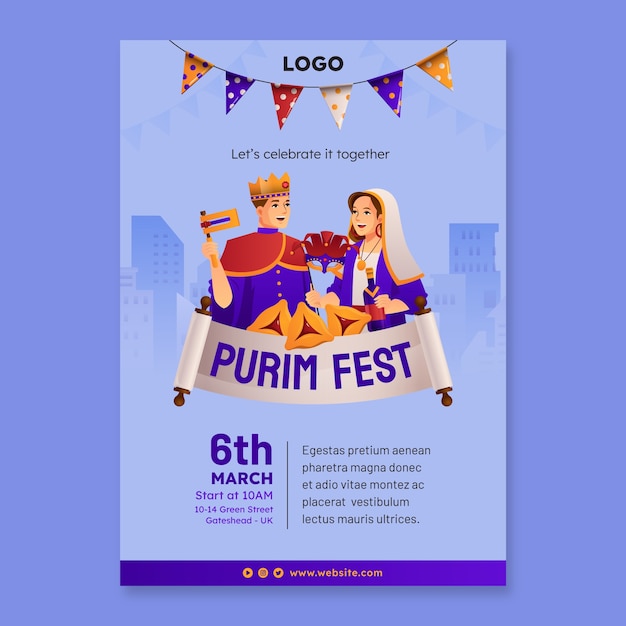 Gradient Purim Vertical Poster Template – Free Download