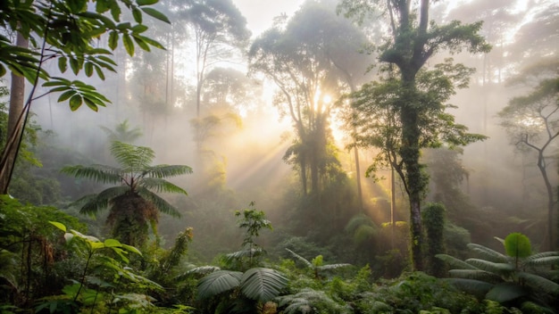 Sunbeams Piercing Through Misty Rainforest Canopy – Free Download