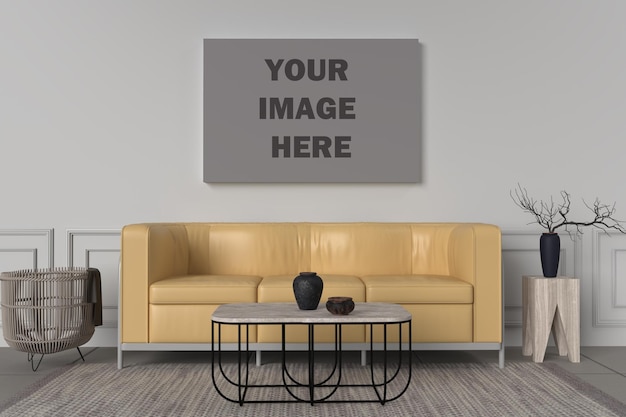 Front View Landscape Canvas Wall Art Mockup in Boho Chic Contemporary Living Room Interior – Free Download