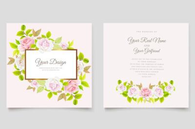 Wedding Invitations Featuring Pink Roses and Green Leaves – Free Download