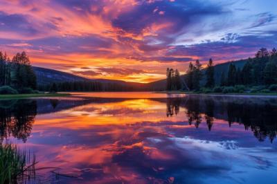 A Tranquil Lake Reflecting a Vibrant Sunset with Mountains in the Background – Free Stock Photo Download