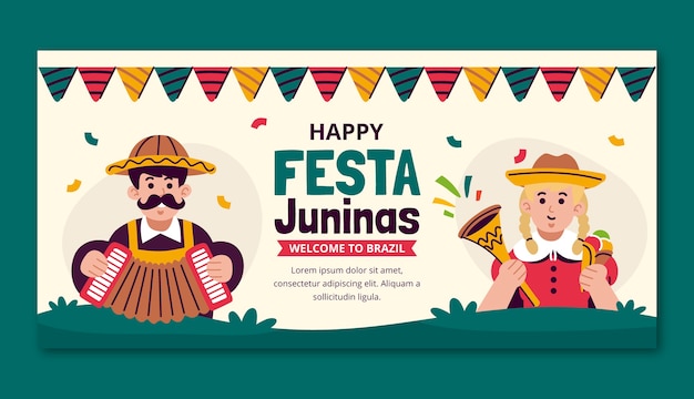 Flat Horizontal Banner Template for Brazilian Festas Juninas Celebrations – Free Download