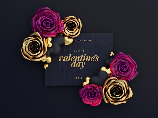 Top View Scene of a Lovely Greetings Card Mockup with Cute Roses and Love Hearts – Free Download