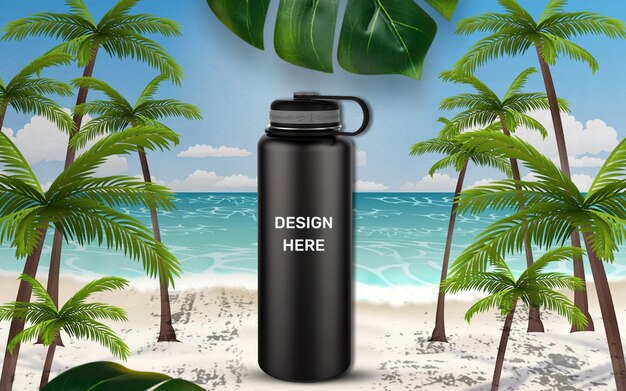 A Black Insulated Water Bottle with Beach Scene Packaging Mockup – Free Download