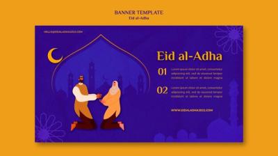 Eid al-Adha Horizontal Banner Template Featuring People Praying – Free Download