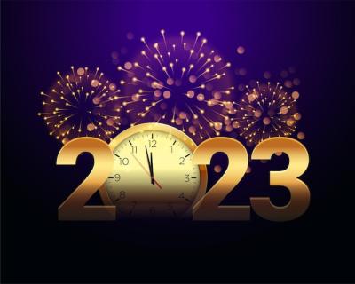 New Year 2023 Celebration Poster Featuring Clock and Fireworks – Free Download