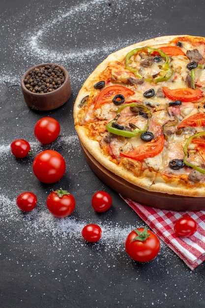 Delicious Cheese Pizza with Red Tomatoes on Dark Surface – Free Download