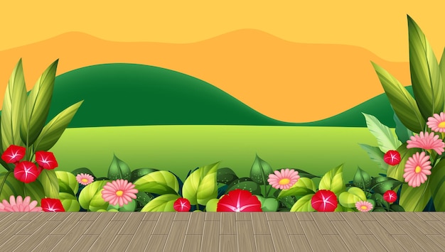 Stunning Flower Field and Leaves Against a Mountain Backdrop at Sunset – Free Download