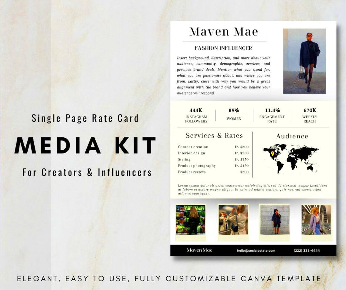 Single Page Influencer Media Kit Canva Template Social Media Etsy