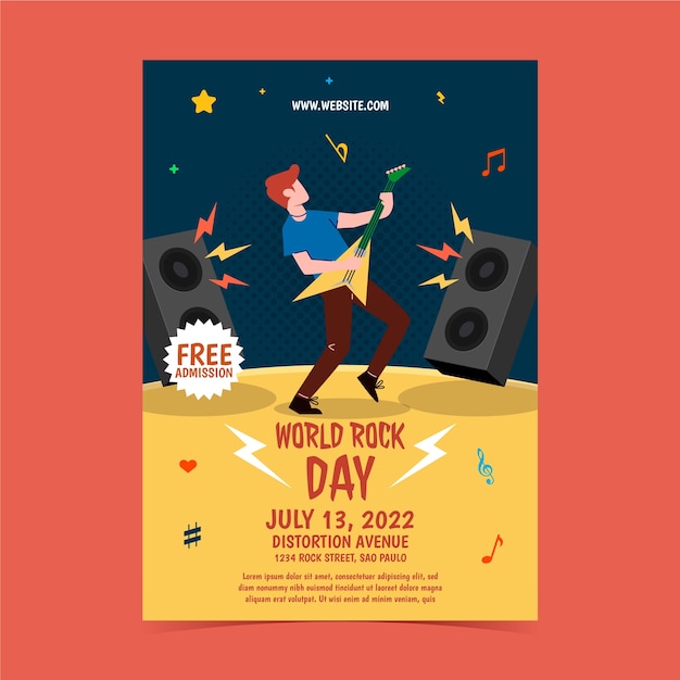 Male Musician Playing Guitar on Flat World Rock Day Poster Template – Free Download