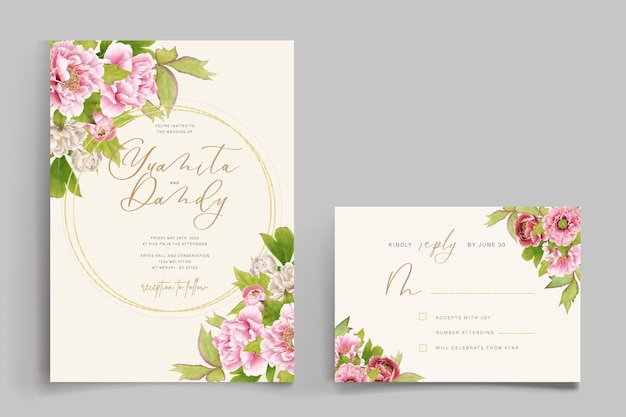 Hand Drawn Peony Floral and Leaves Invitation Card Set – Free Download