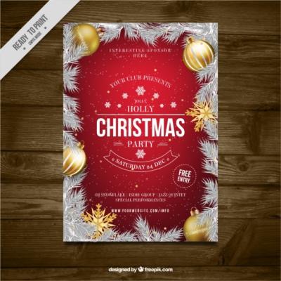 Christmas Party Brochure Design Featuring Fir Leaves and Golden Balls – Free Download