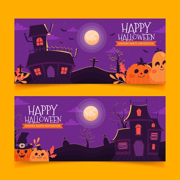 Hand-Drawn Flat Halloween Banners Set – Free Download