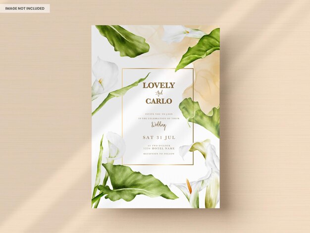 Wedding Invitation Card Template Featuring White Calla Lily Watercolor – Free Download