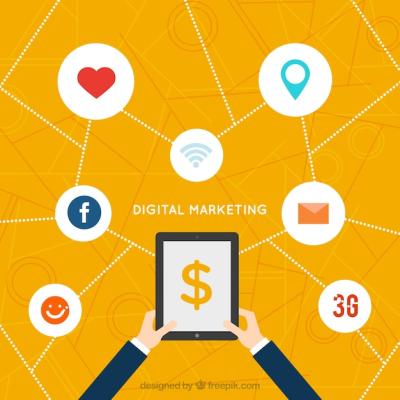 Digital Marketing Background Featuring Icons and White Circles – Free Download