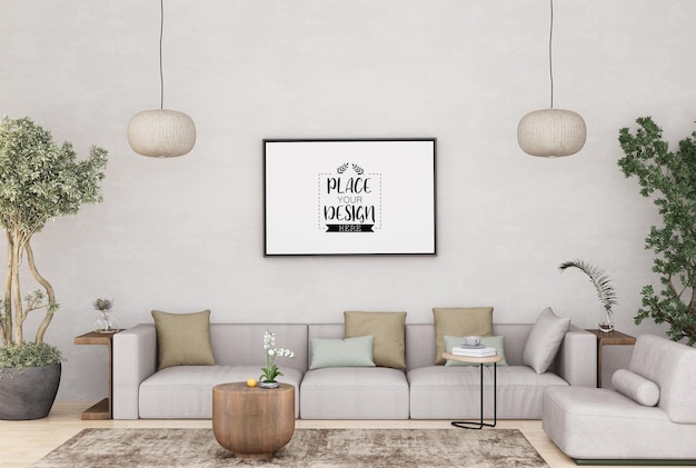 3D Illustration of a Mockup Photo Frame in a Living Room Rendering – Free Download