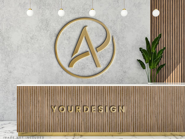 Gold 3D Logo Mockup on Cement Wall and Wood Reception Desk – Free Download