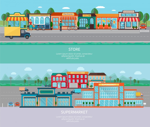 Store and Supermarket Buildings with Road and Parking Banners – Free Download