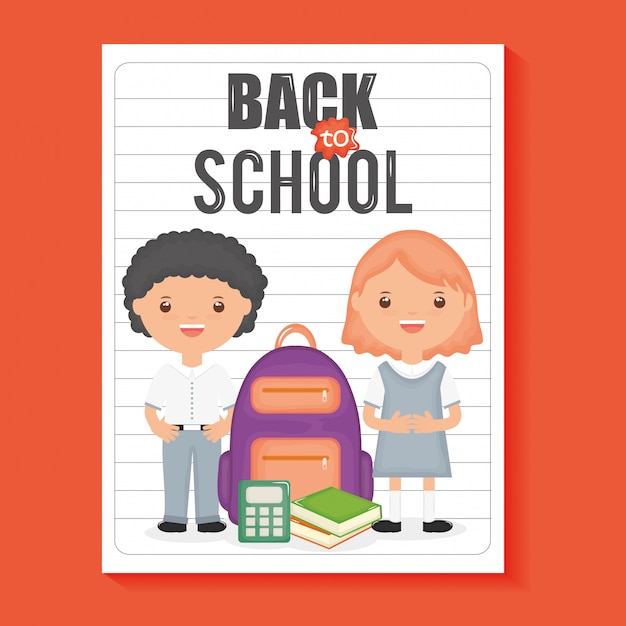 Cute Little Students with Supplies on Notebook Sheet – Free Download