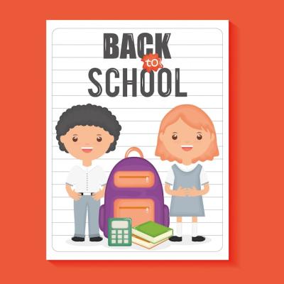 Cute Little Students with Supplies on Notebook Sheet – Free Download