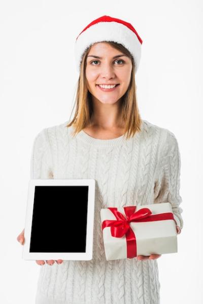 Woman Holding Tablet and Gift Box – Free to Download