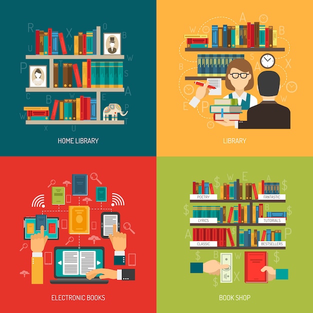 Library Concept 4 Flat Icons Square – Free Stock Photo, Download for Free