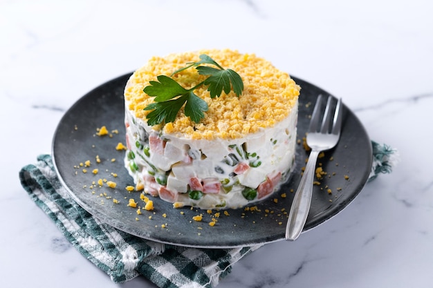 Olivier Salad on Marble Table for Christmas Dinner – Free Download