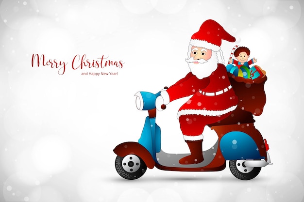 Merry Christmas and Happy New Year Card Illustration with Santa Claus Riding a Scooter – Free Download