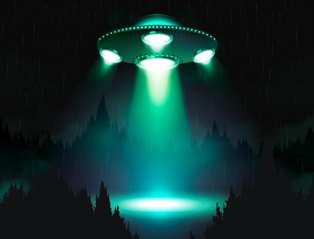 Realistic UFO Spaceship Poster Featuring Alien Spacecraft Under a Night Forest – Free Download