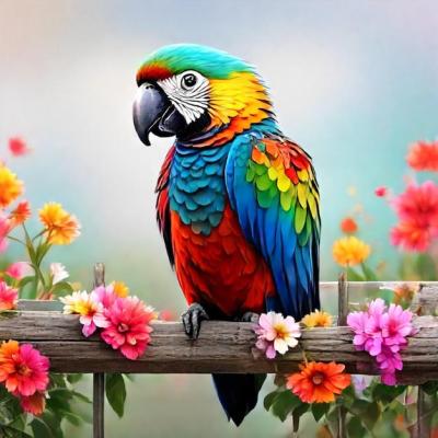 A Colorful Parrot on a Fence Surrounded by Flowers – Free Download