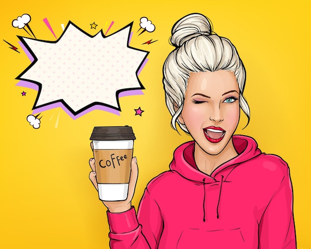 Pop Art Vector Ad Banner Featuring Winking Young Blonde in Pink Hoodie Holding Coffee Cup – Free Download