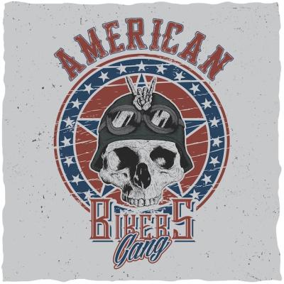 American Bikers Gang Poster Design Featuring Skull in Motorcycle Helmet or Bandanna – Free Download