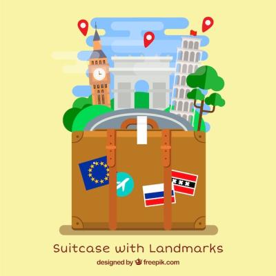 Flat Style Suitcase Design with Landmarks – Free Download