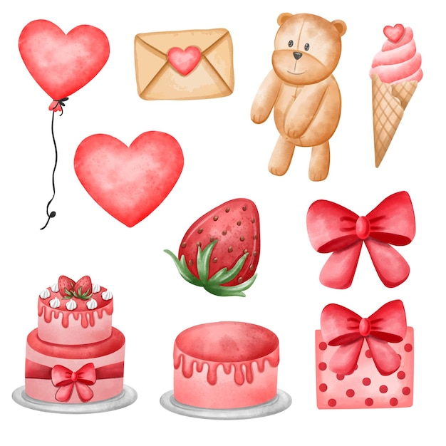 Valentine Elements: Heart-Shaped Balloons, Envelopes, Teddy Bears, Ice Cream, Strawberries, Gifts, Ribbons, and Tart Cakes – Free Download