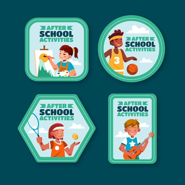 Flat After-School Activities for Children Labels Collection – Free Download