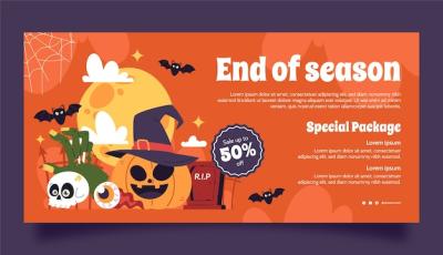 Flat Horizontal Sale Banner Template for Halloween Celebration – Free Download