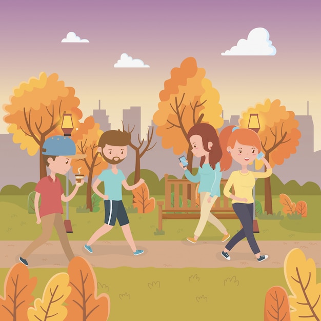 Young People Walking in the Park Vector Template – Free Download