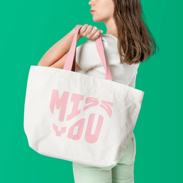 Beige Tote Bag Mockup PSD Featuring Pink MISS YOU Typography – Free Download