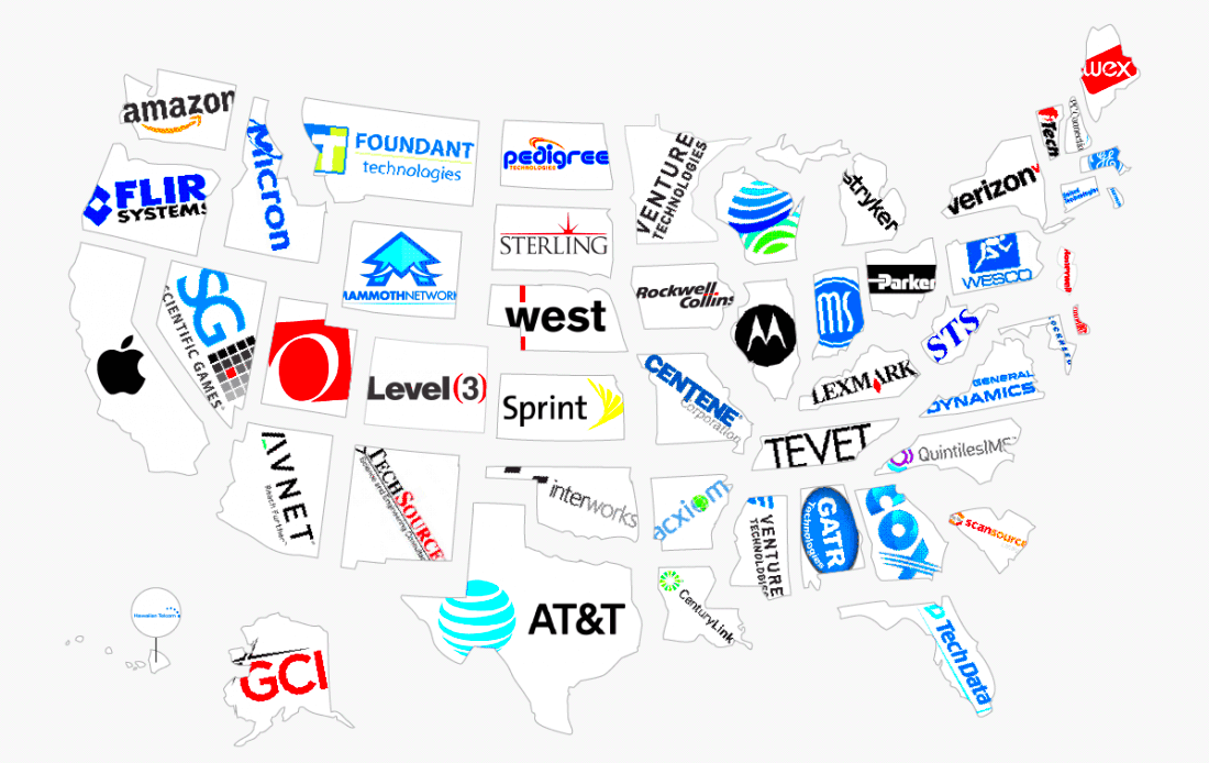 This infographic shows the biggest tech company in every US state 