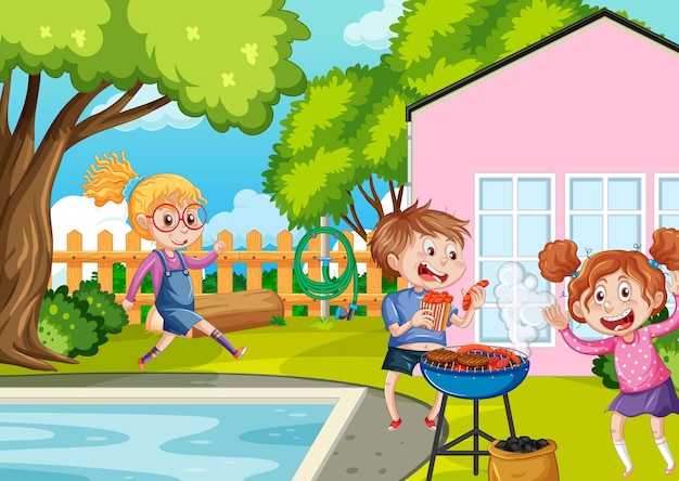 Cartoon Kids in a Backyard Background – Free Download