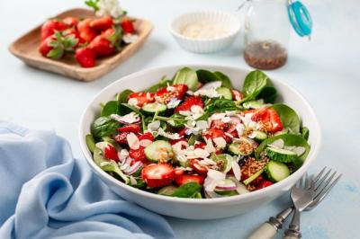 Strawberry Spinach Salad with Balsamic Dressing on Blue Background – Free Download