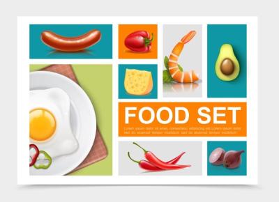 Realistic Food Elements Collection: Egg Omelette, Sausage, Pepper, Cheese, Onion, Avocado – Free to Download