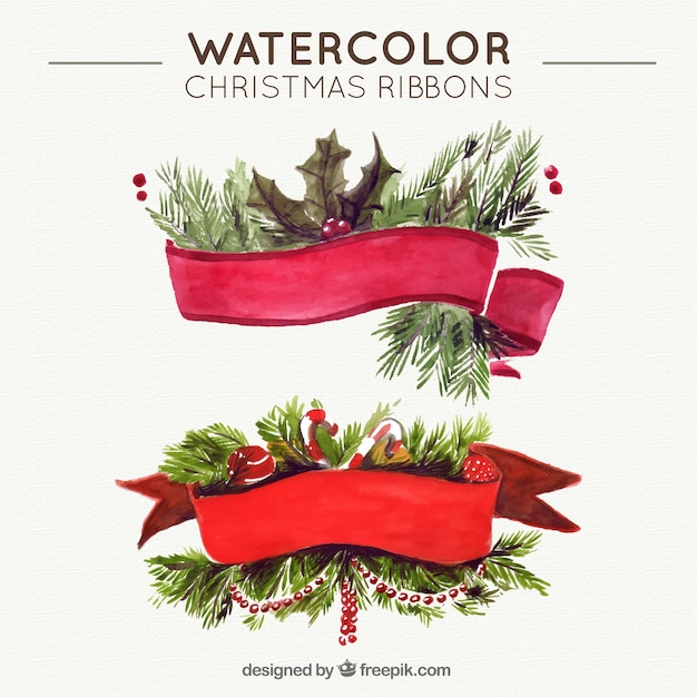 Watercolor Christmas Ribbons with Nature Elements – Free Download