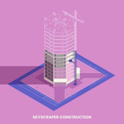 Isometric Concept of Skyscraper Construction with Building and Preparation Symbols – Free Download