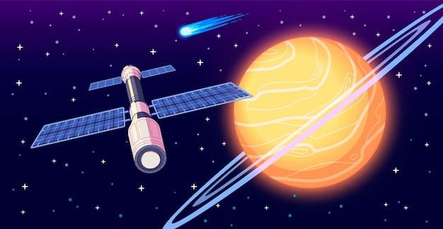 Cartoon Poster of Space Exploration Featuring Saturn and a Cosmic Station – Free Download