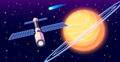 Cartoon Poster of Space Exploration Featuring Saturn and a Cosmic Station – Free Download