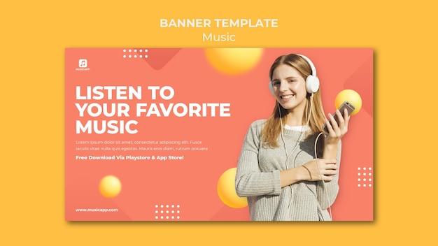 Horizontal Banner Template for Streaming Music Online Featuring a Woman Wearing Headphones – Free to Download