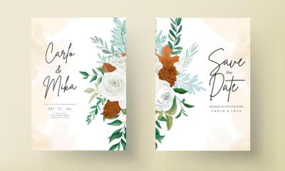 Stunning Wedding Invitation Card Set Featuring Greenery Leaves, White Roses, and Pine Flowers – Free Download